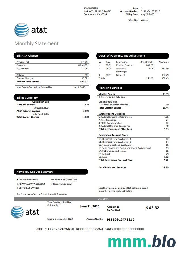 USA Texas AT & T łatwy do wypełnienia szablon rachunku za media w formacie Word i PDF